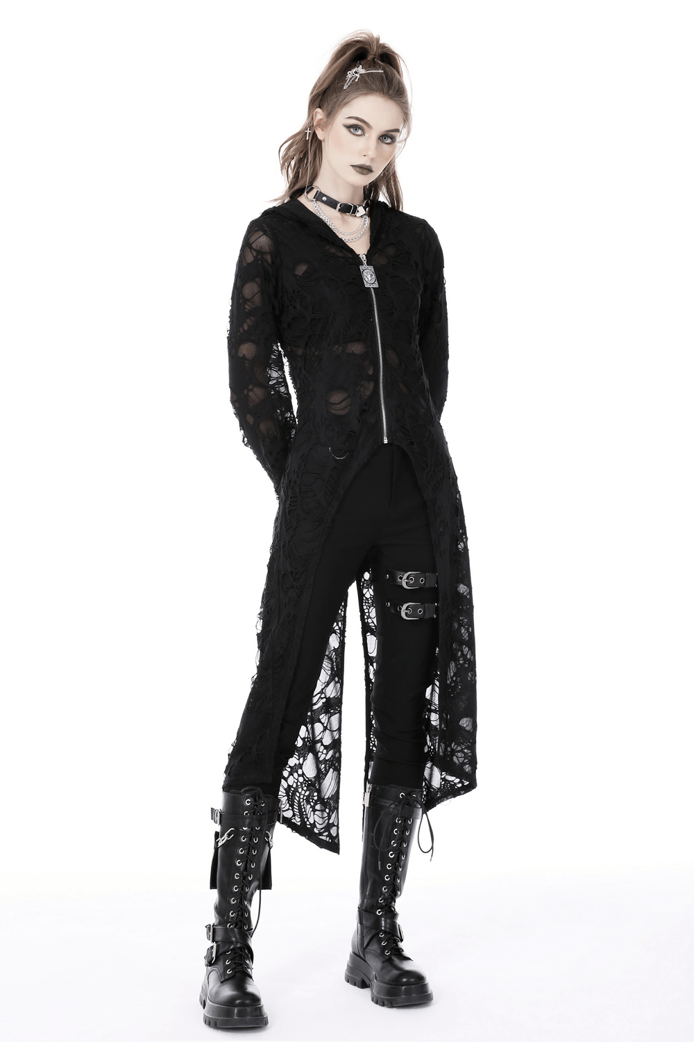 Black Zipper Distressed Gothic Lace Coat with Hood