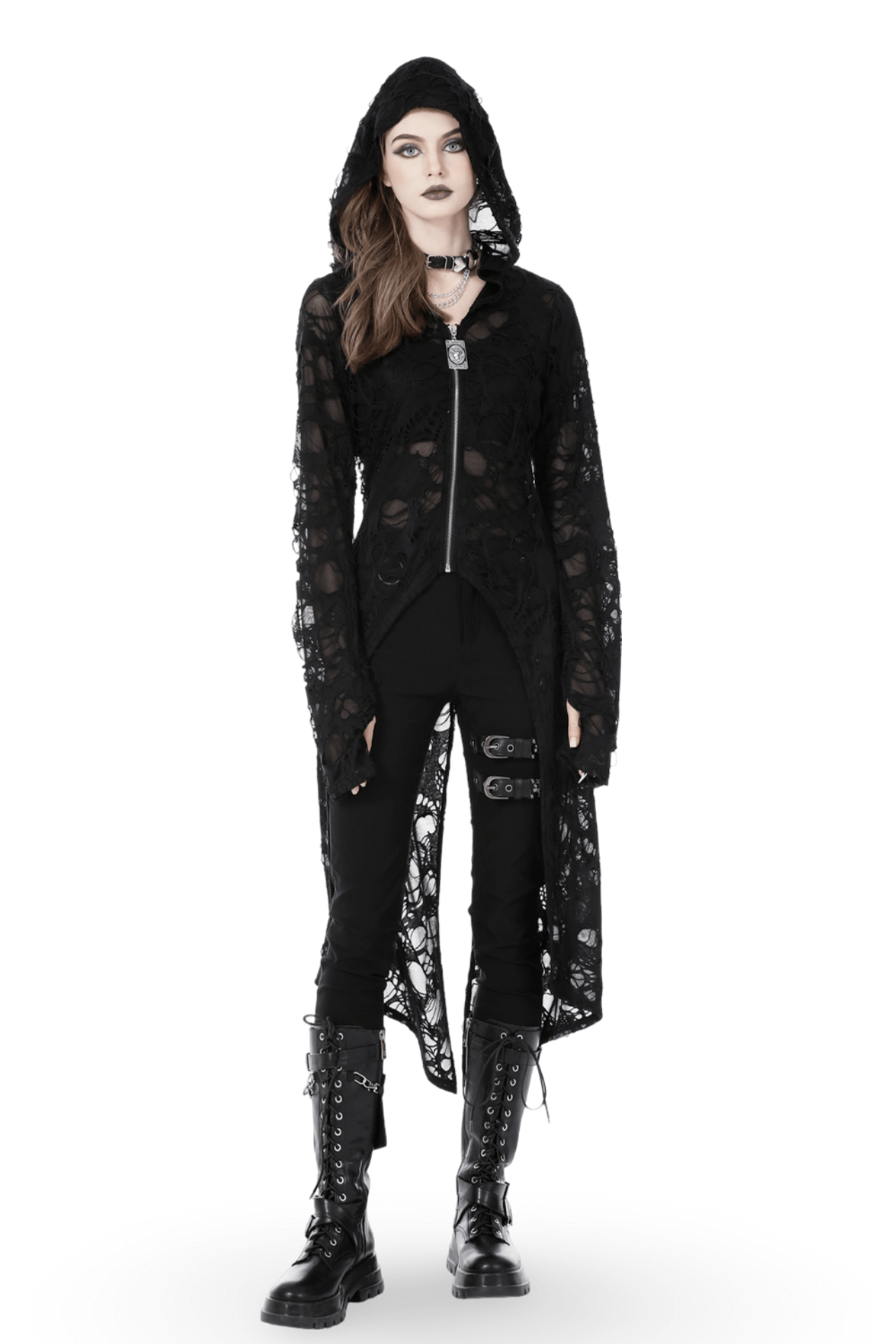 Black Zipper Distressed Gothic Lace Coat with Hood