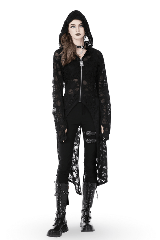 Black Zipper Distressed Gothic Lace Coat with Hood