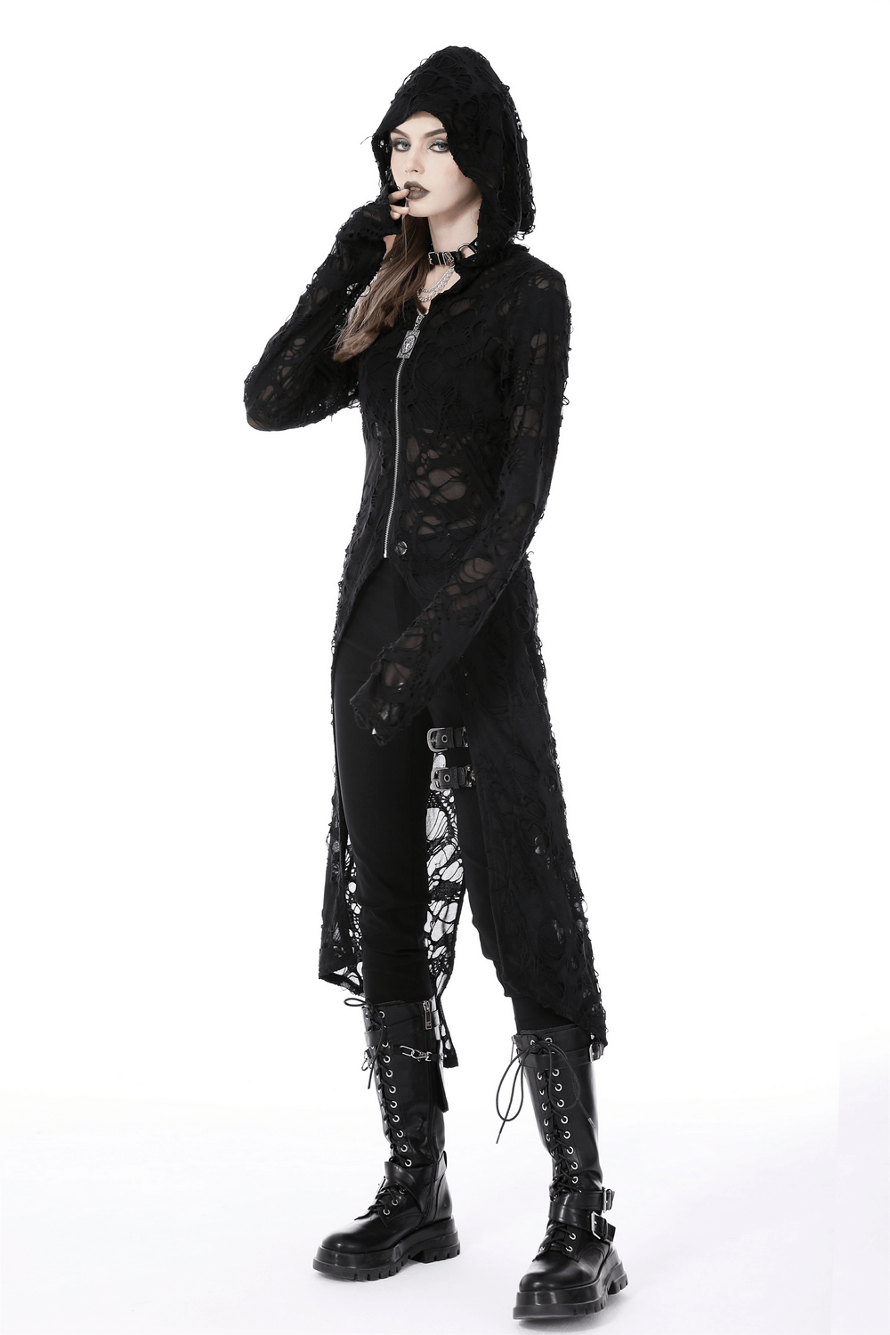 Black Zipper Distressed Gothic Lace Coat with Hood