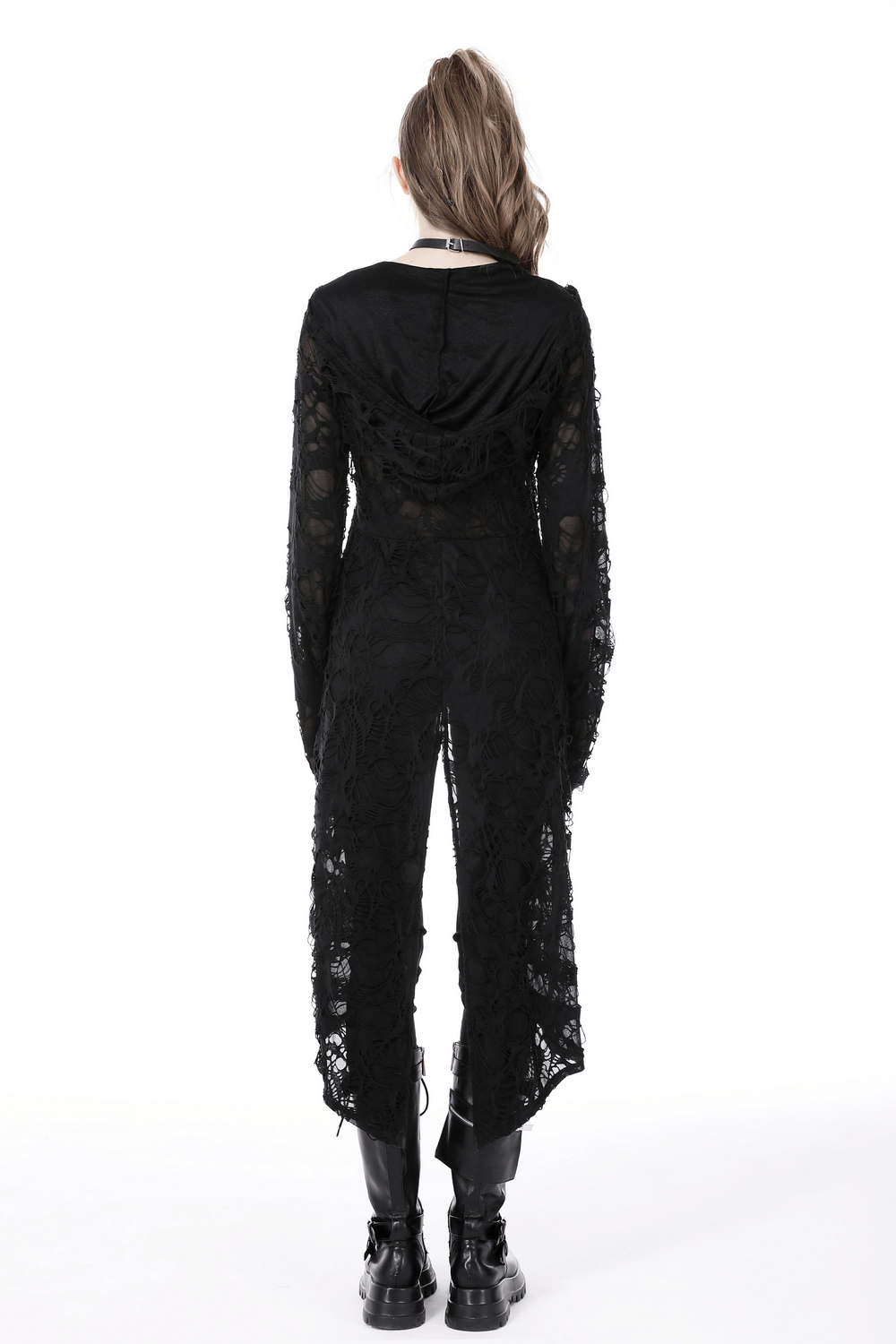 Black Zipper Distressed Gothic Lace Coat with Hood