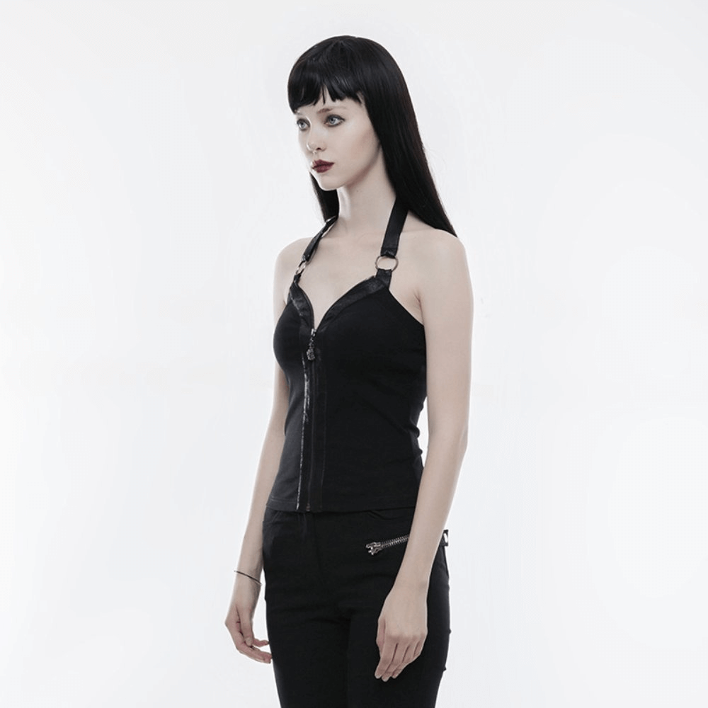 Black Zipper Halter Camisole with Ring Detailing