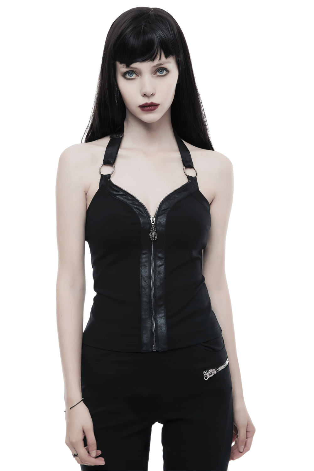 Black Zipper Halter Camisole with Ring Detailing