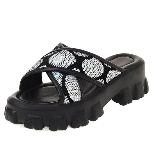 Fashion Women's Summer Sandals with Sequined / Female Casual Black Slippers Platform
