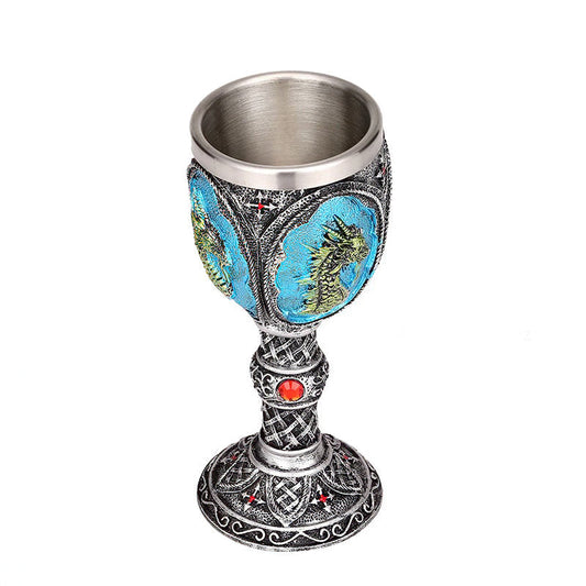 Blue Dragon Horrible Wine Glass with Stainless Steel and Resin / Vintage Style Bar Drinkware