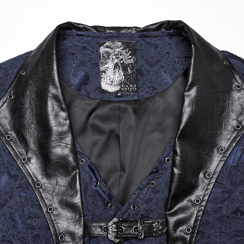 Blue Gothic Brocade Waistcoat with Leather Lapel Buckles