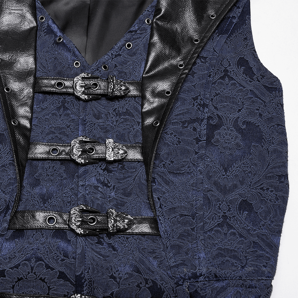 Blue Gothic Brocade Waistcoat with Leather Lapel Buckles