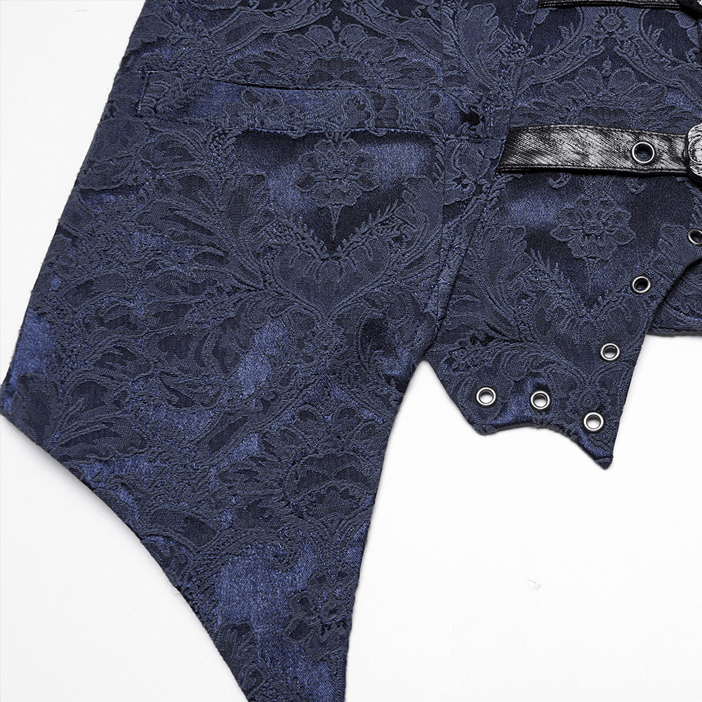 Blue Gothic Brocade Waistcoat with Leather Lapel Buckles