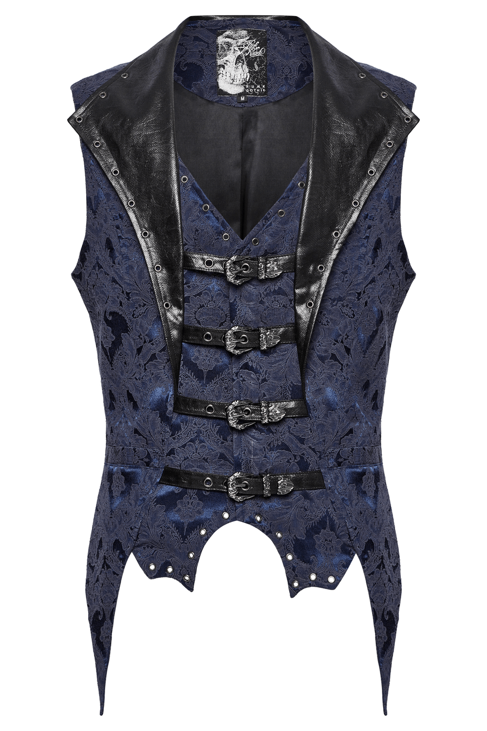 Blue Gothic Brocade Waistcoat with Leather Lapel Buckles