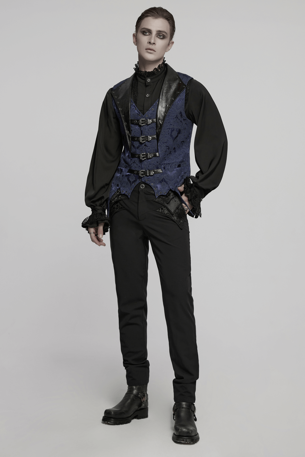 Blue Gothic Brocade Waistcoat with Leather Lapel Buckles