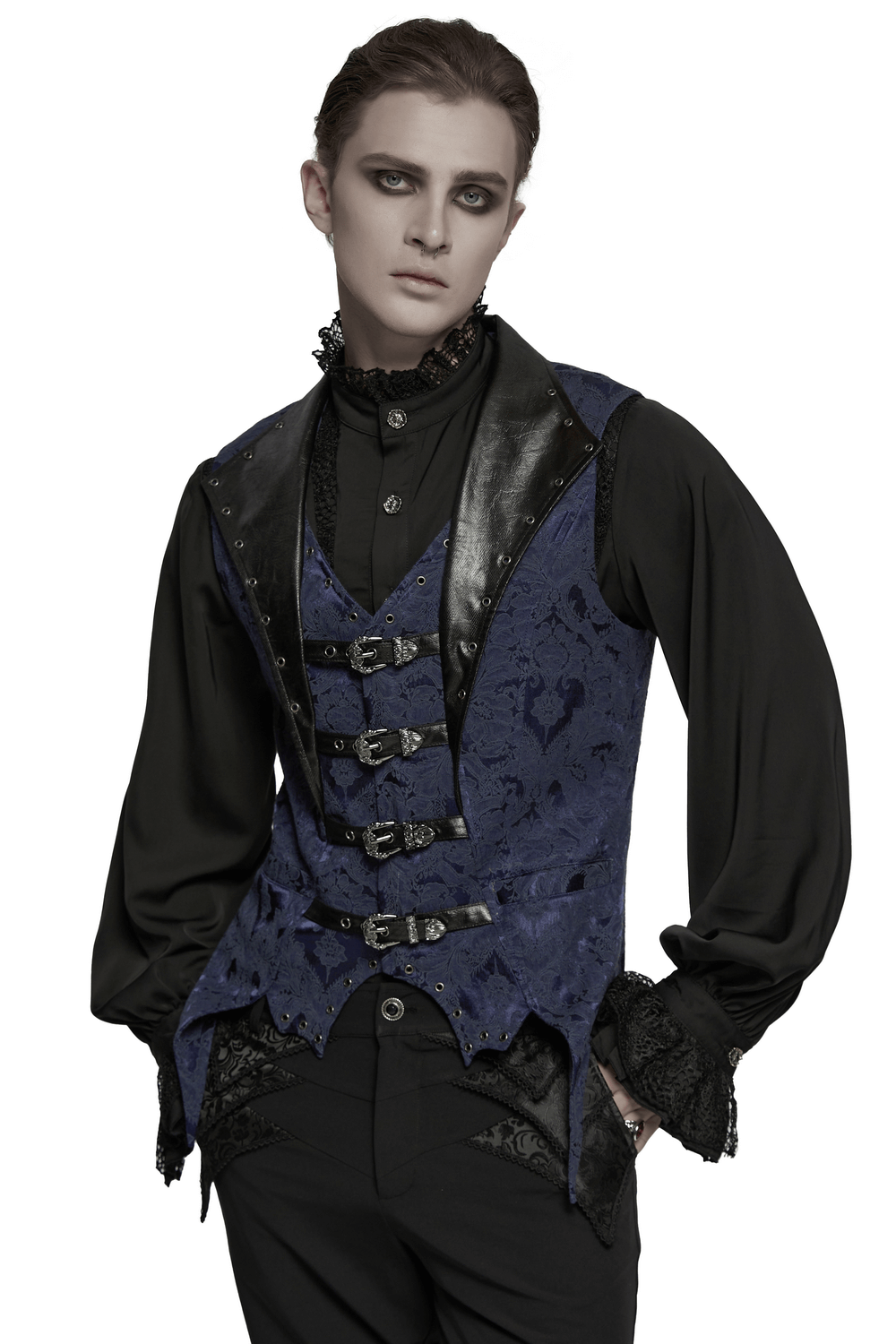 Blue Gothic Brocade Waistcoat with Leather Lapel Buckles