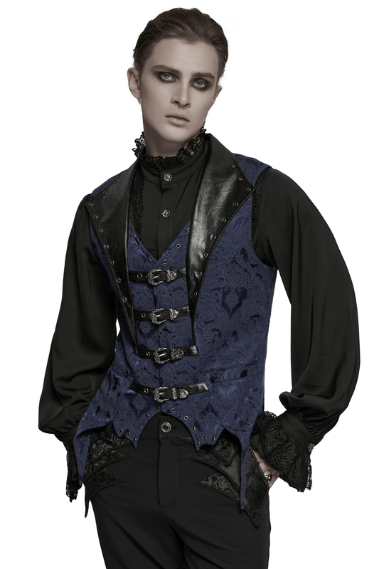 Blue Gothic Brocade Waistcoat with Leather Lapel Buckles