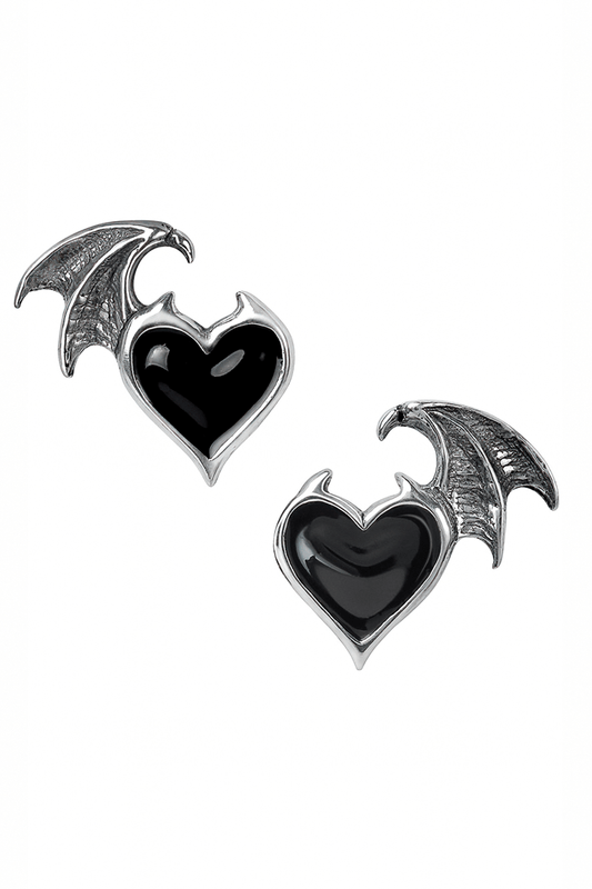 Bold Bat Wing Heart Stud Earrings in Pewter and Enamel
