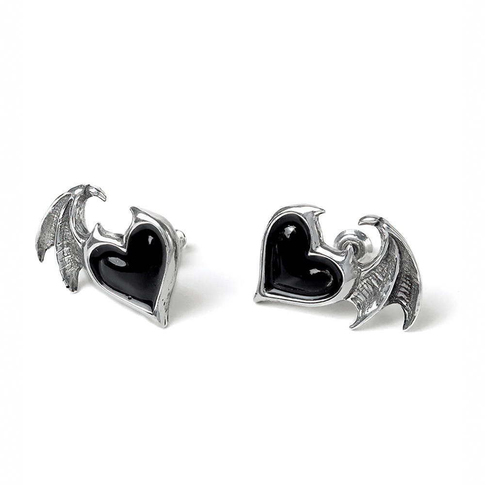Bold Bat Wing Heart Stud Earrings in Pewter and Enamel