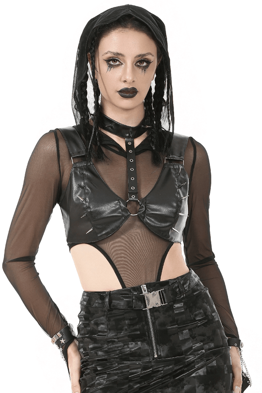 Bold Faux Leather Spike Bra Top with Neck Harness Strap