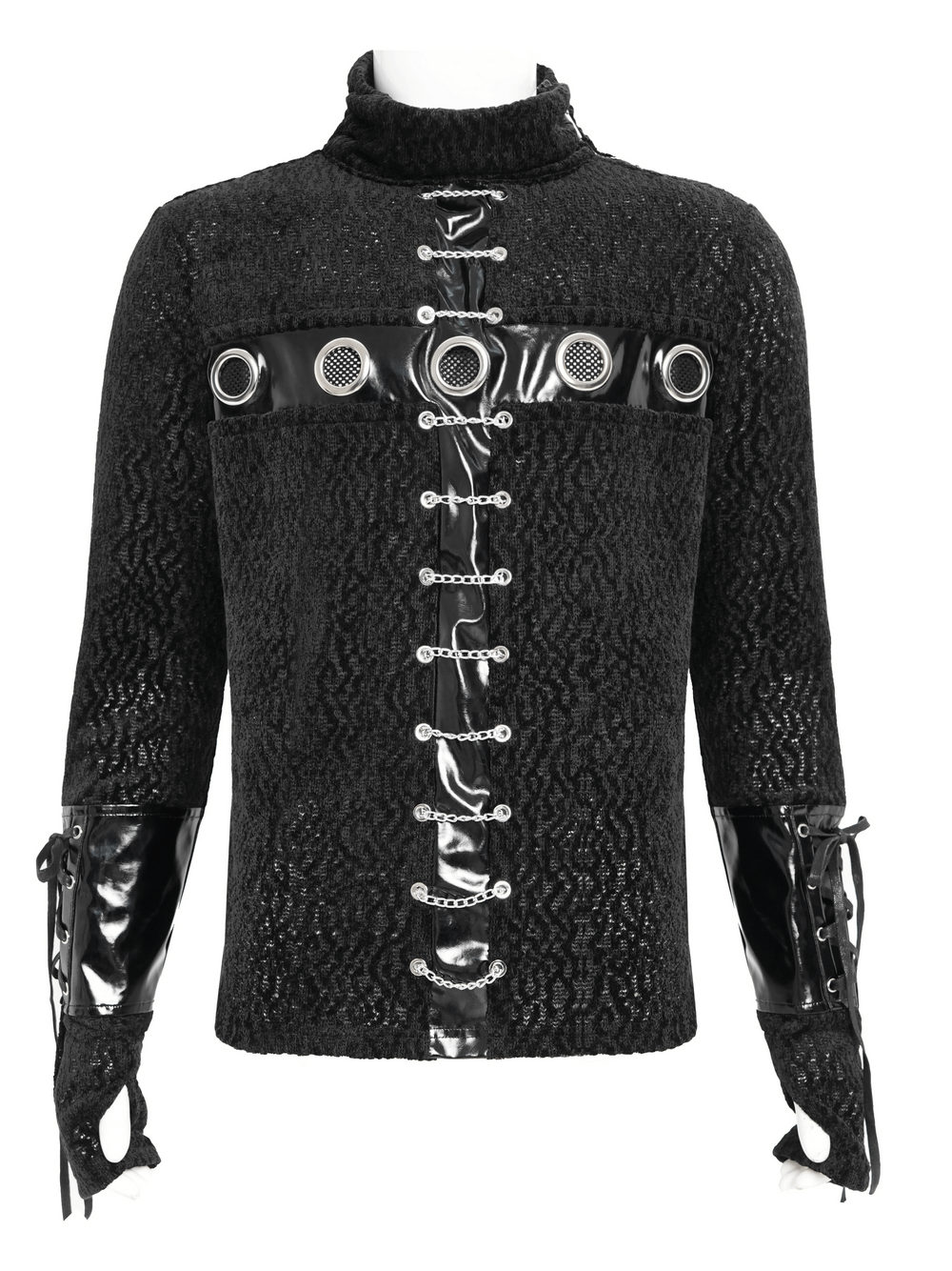 Bold Knit Turtleneck with Faux Leather Straps and Chains