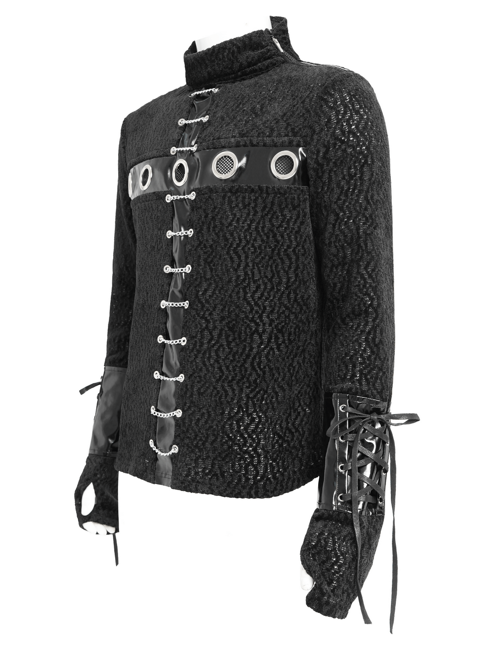 Bold Knit Turtleneck with Faux Leather Straps and Chains