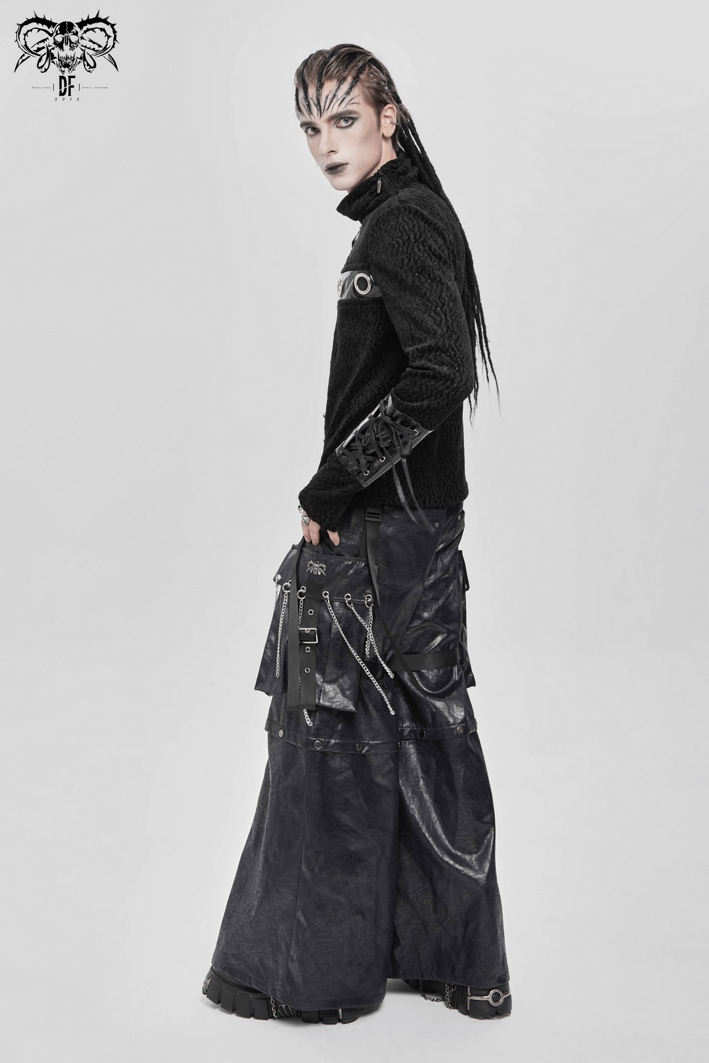 Bold Knit Turtleneck with Faux Leather Straps and Chains