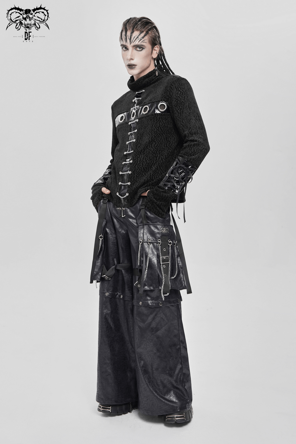 Bold Knit Turtleneck with Faux Leather Straps and Chains