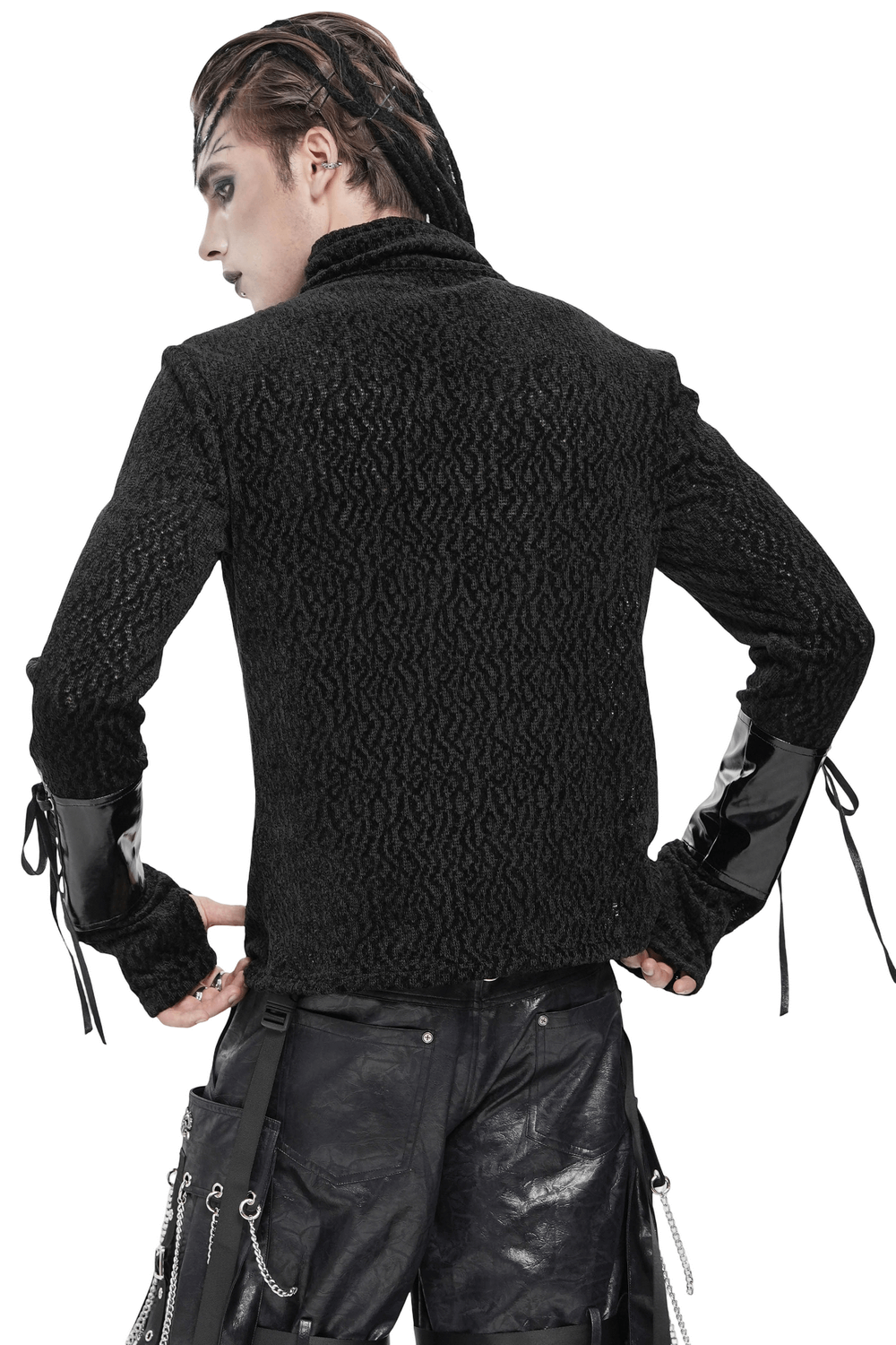 Bold Knit Turtleneck with Faux Leather Straps and Chains
