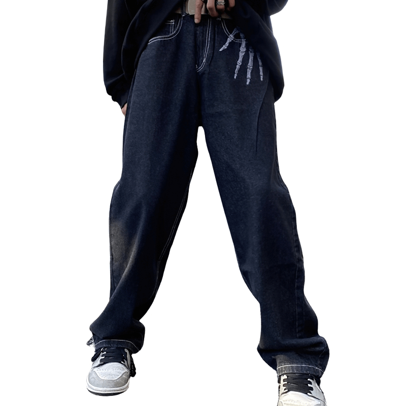 Bone Print Men's Jeans / Casual Wide Leg Straight Pants / Fashion Male Clothing