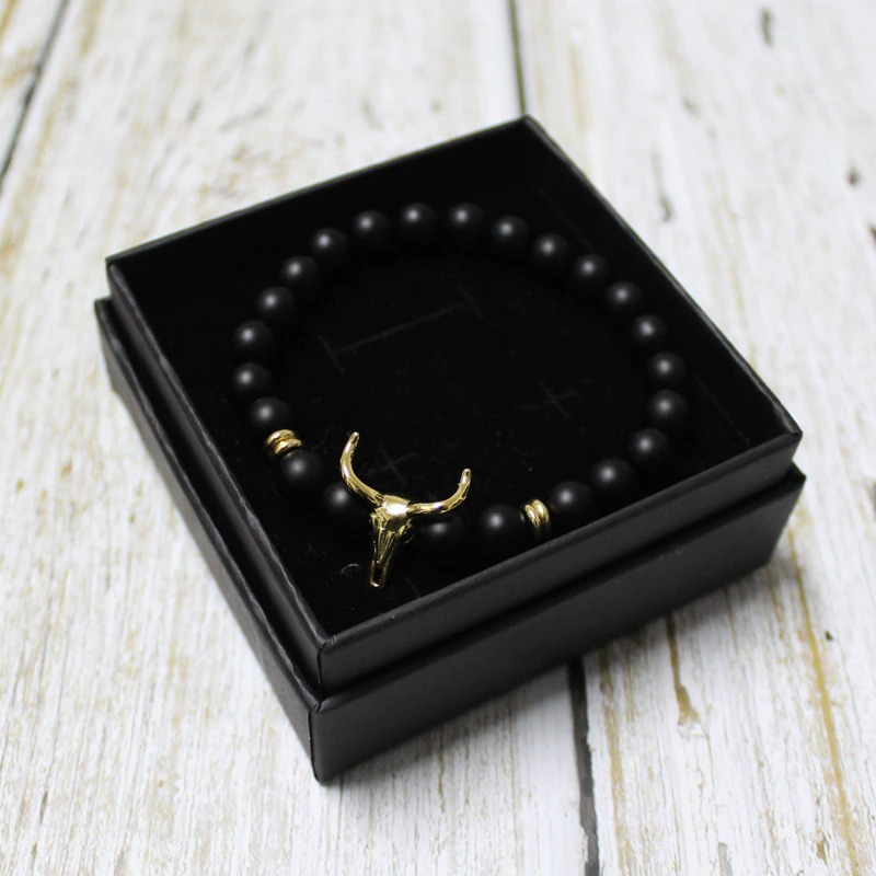 Bracelet Men with Black Cow of Stone and Beaded / Male Jewellery Pulseras