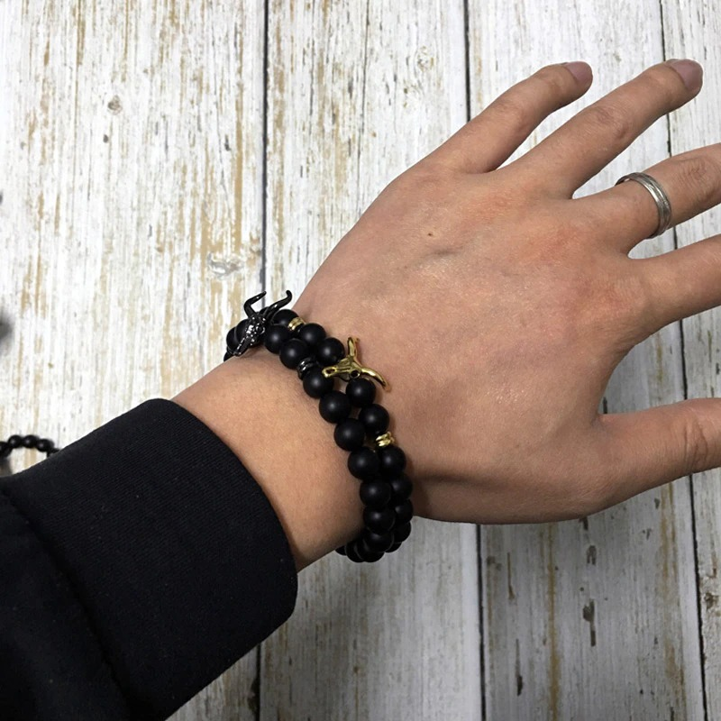 Bracelet Men with Black Cow of Stone and Beaded / Male Jewellery Pulseras