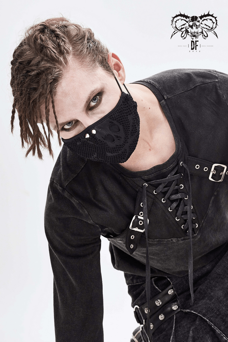 Breathable Skelenton Mesh Masks / Gothic Black Fabric Mask with Adjustable Elastic Cord