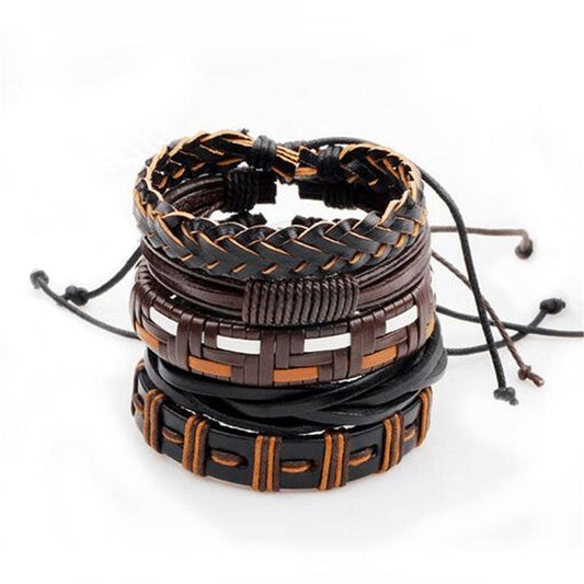 Brown & Black Leather Bracelet in Rock Style & Braided Rope Wristband Set of 5 PCs