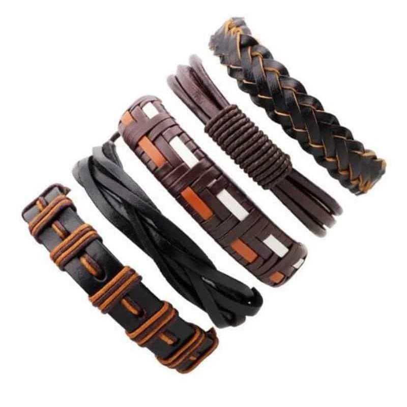 Brown & Black Leather Bracelet in Rock Style & Braided Rope Wristband Set of 5 PCs