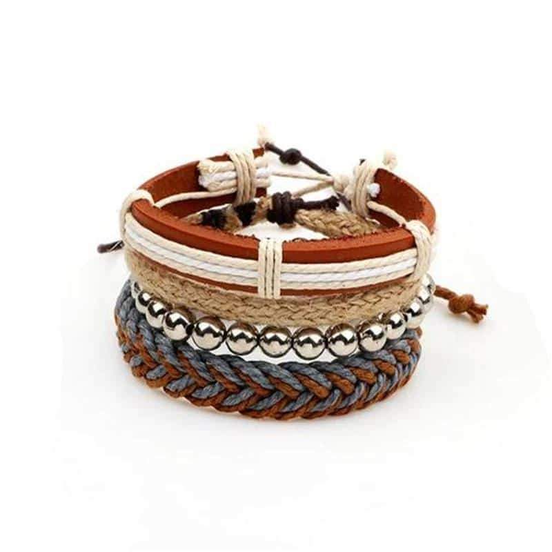 Brown Bracelet in Rock Style & Braided Rope Wristband Set of 4 PCs