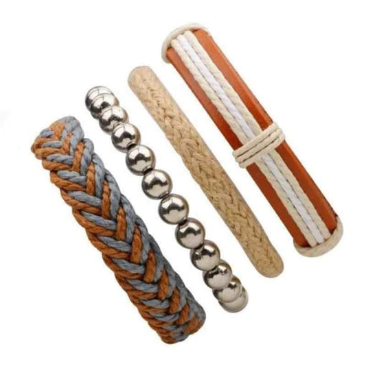Brown Bracelet in Rock Style & Braided Rope Wristband Set of 4 PCs