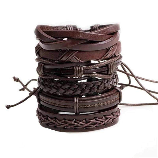 Brown Leather Bracelet in Rock Style & Braided Rope Wristband Set of 6 PCs
