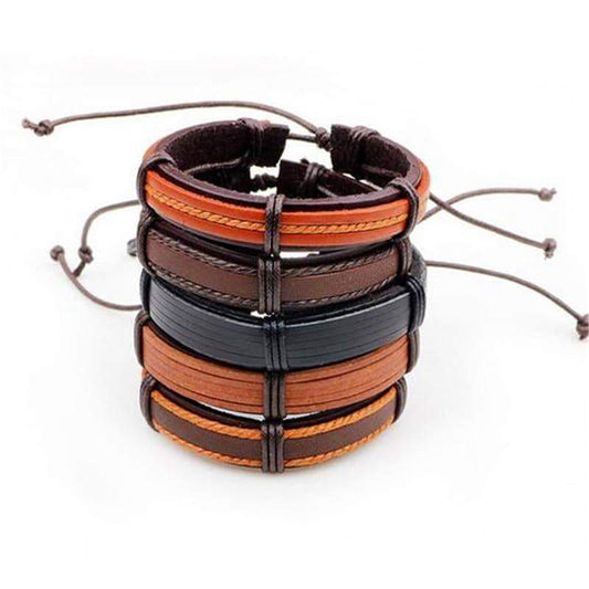 Brown Leather Bracelet in Rock Style & Wristband Set of 5 PCs