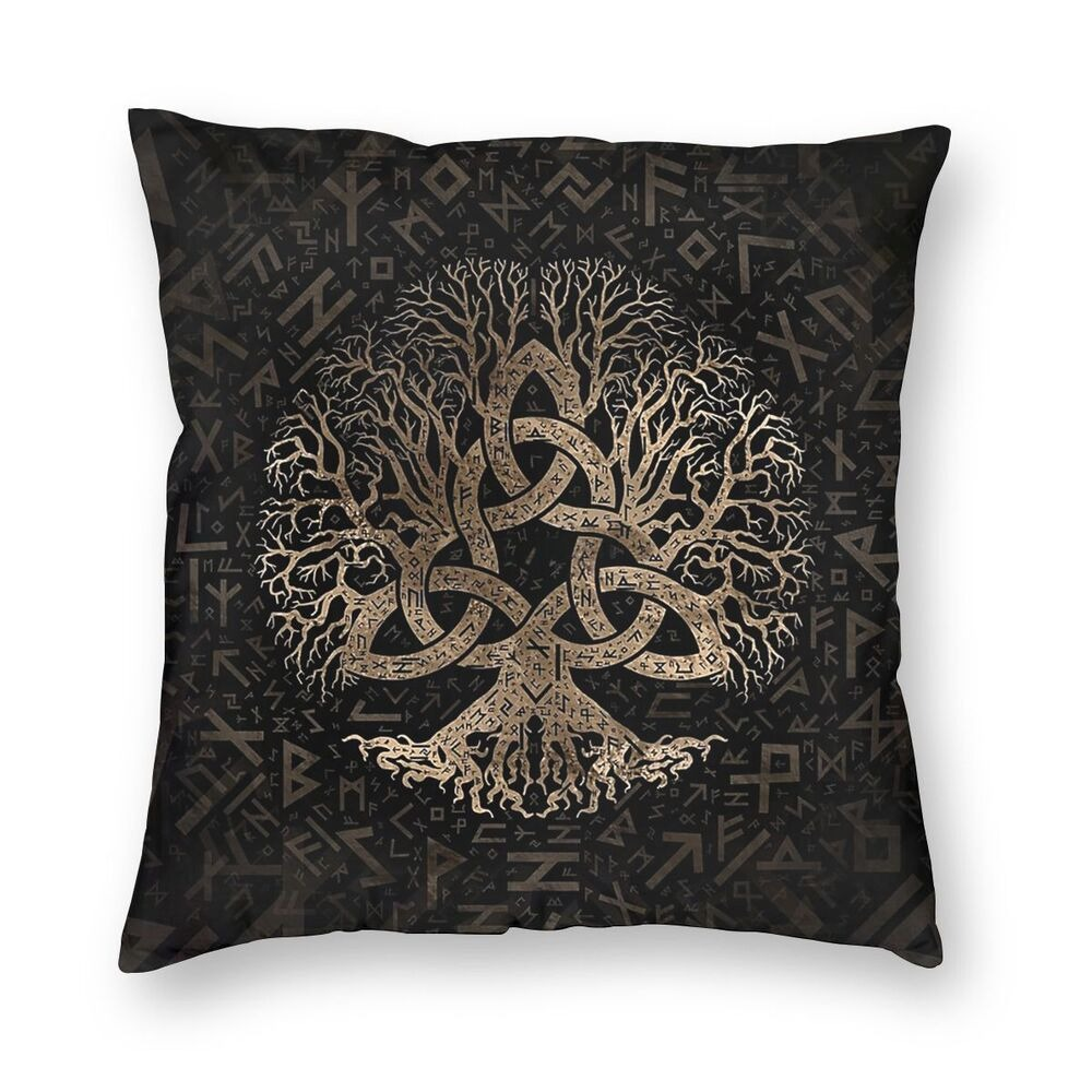 Brown Pillow Case Tree Of Life With Triquetra / Decoration Pillow with symbols of Vikings Valhalla #2