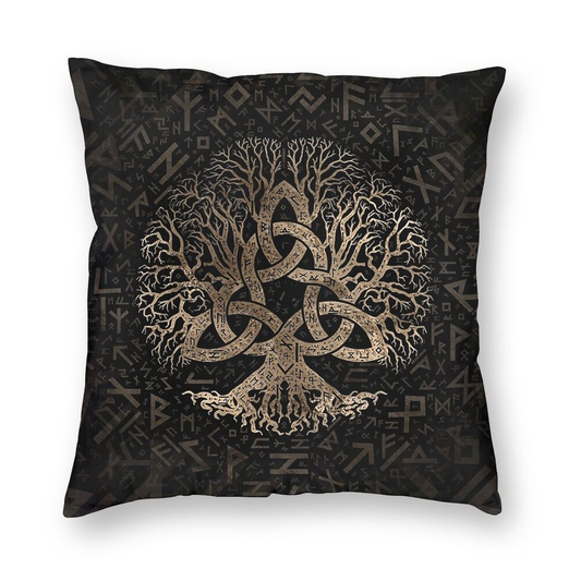 Brown Pillow Case Tree Of Life With Triquetra / Decoration Pillow with symbols of Vikings Valhalla #2