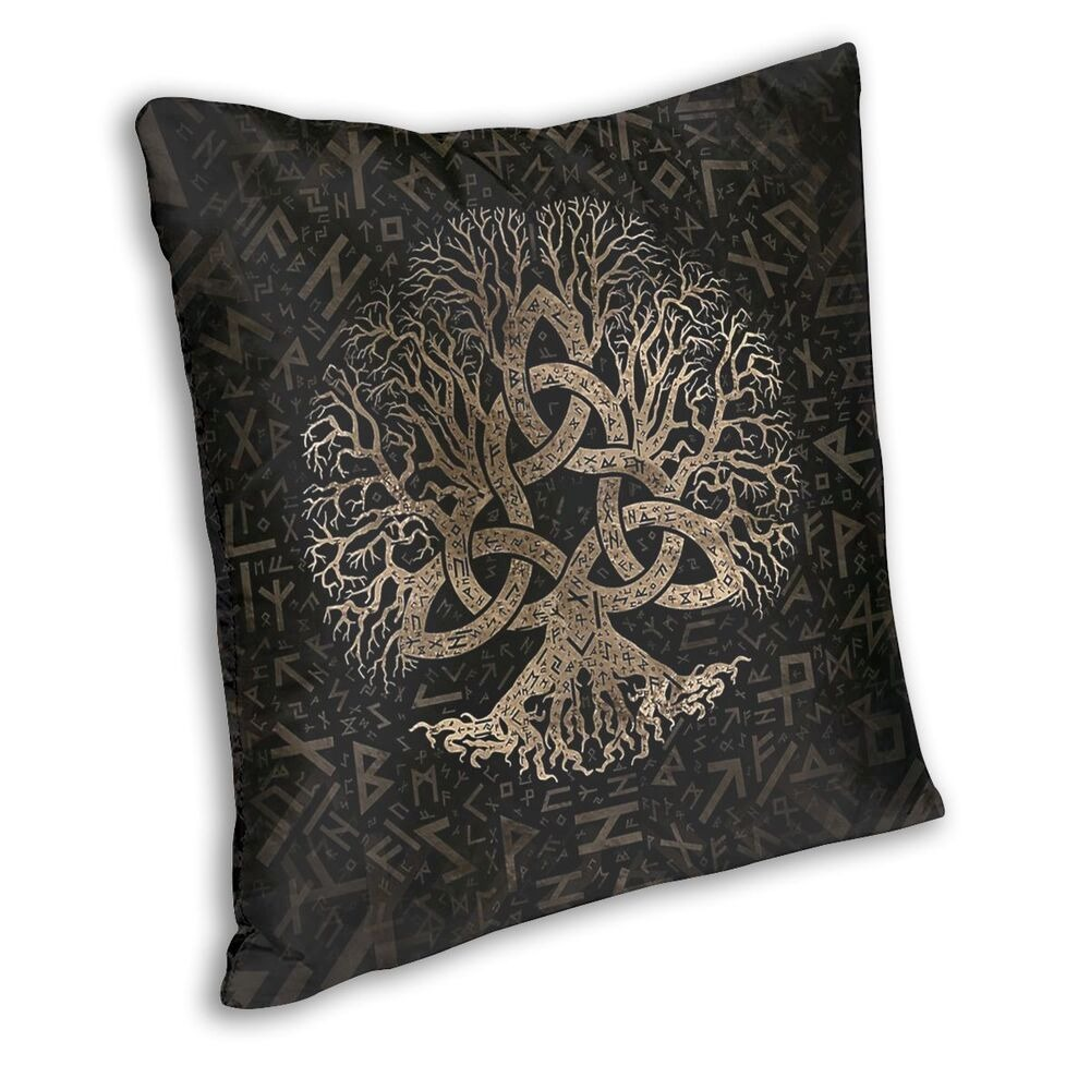 Brown Pillow Case Tree Of Life With Triquetra / Decoration Pillow with symbols of Vikings Valhalla #2