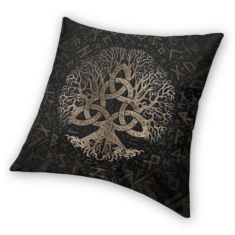 Brown Pillow Case Tree Of Life With Triquetra / Decoration Pillow with symbols of Vikings Valhalla #2
