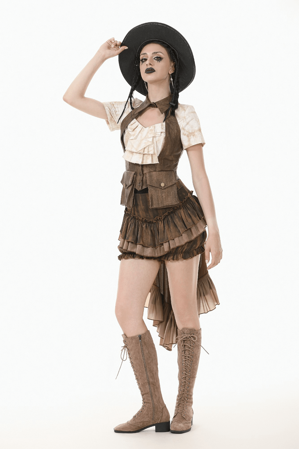 Brown Steampunk Ruffled Skirt Shorts with Long Back Hem