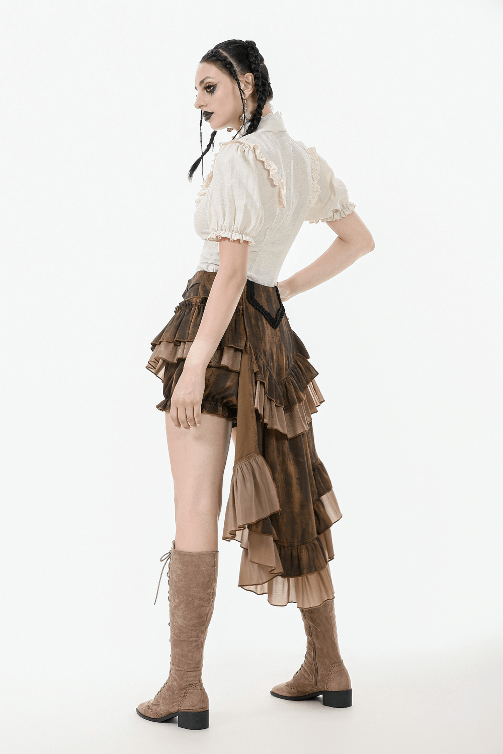 Brown Steampunk Ruffled Skirt Shorts with Long Back Hem