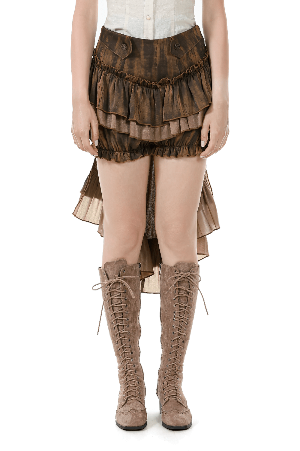 Brown Steampunk Ruffled Skirt Shorts with Long Back Hem