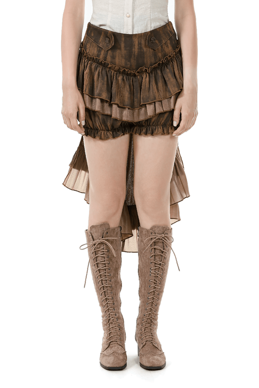 Brown Steampunk Ruffled Skirt Shorts with Long Back Hem