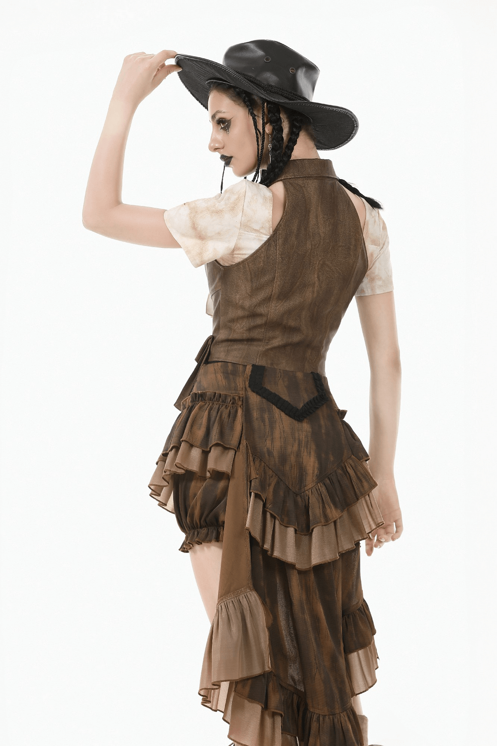 Brown Steampunk Ruffled Skirt Shorts with Long Back Hem