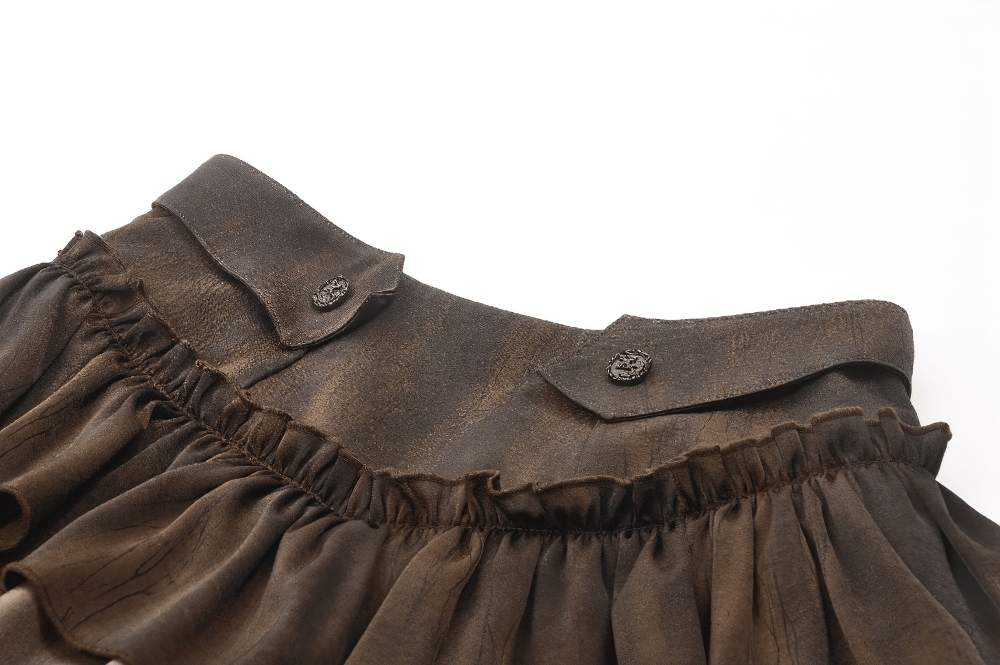 Brown Steampunk Ruffled Skirt Shorts with Long Back Hem