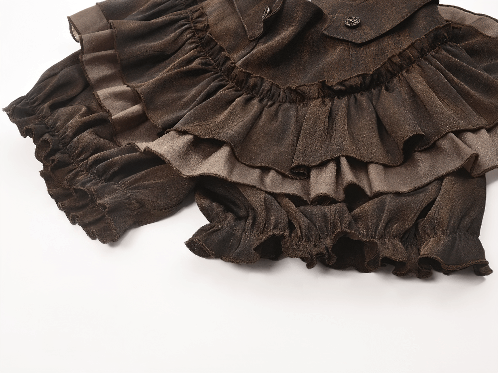 Brown Steampunk Ruffled Skirt Shorts with Long Back Hem