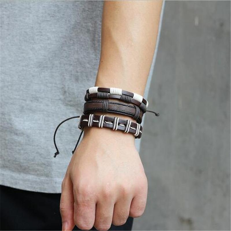 Brown & White Leather Bracelet & Wristband in Rock Style Set of 5 PCs