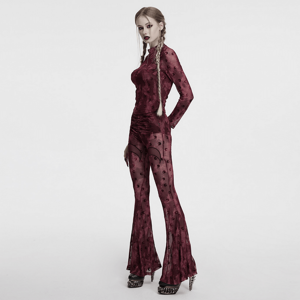 Burgundy Mesh Long Sleeve Top with Crescent Print Design