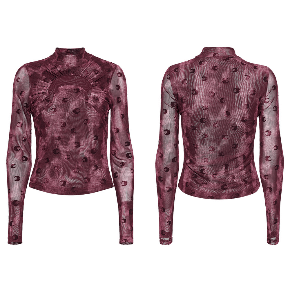 Burgundy Mesh Long Sleeve Top with Crescent Print Design