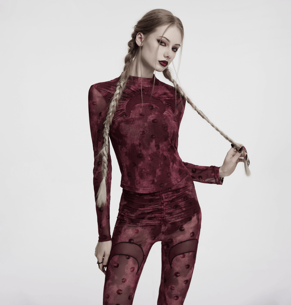 Burgundy Mesh Long Sleeve Top with Crescent Print Design
