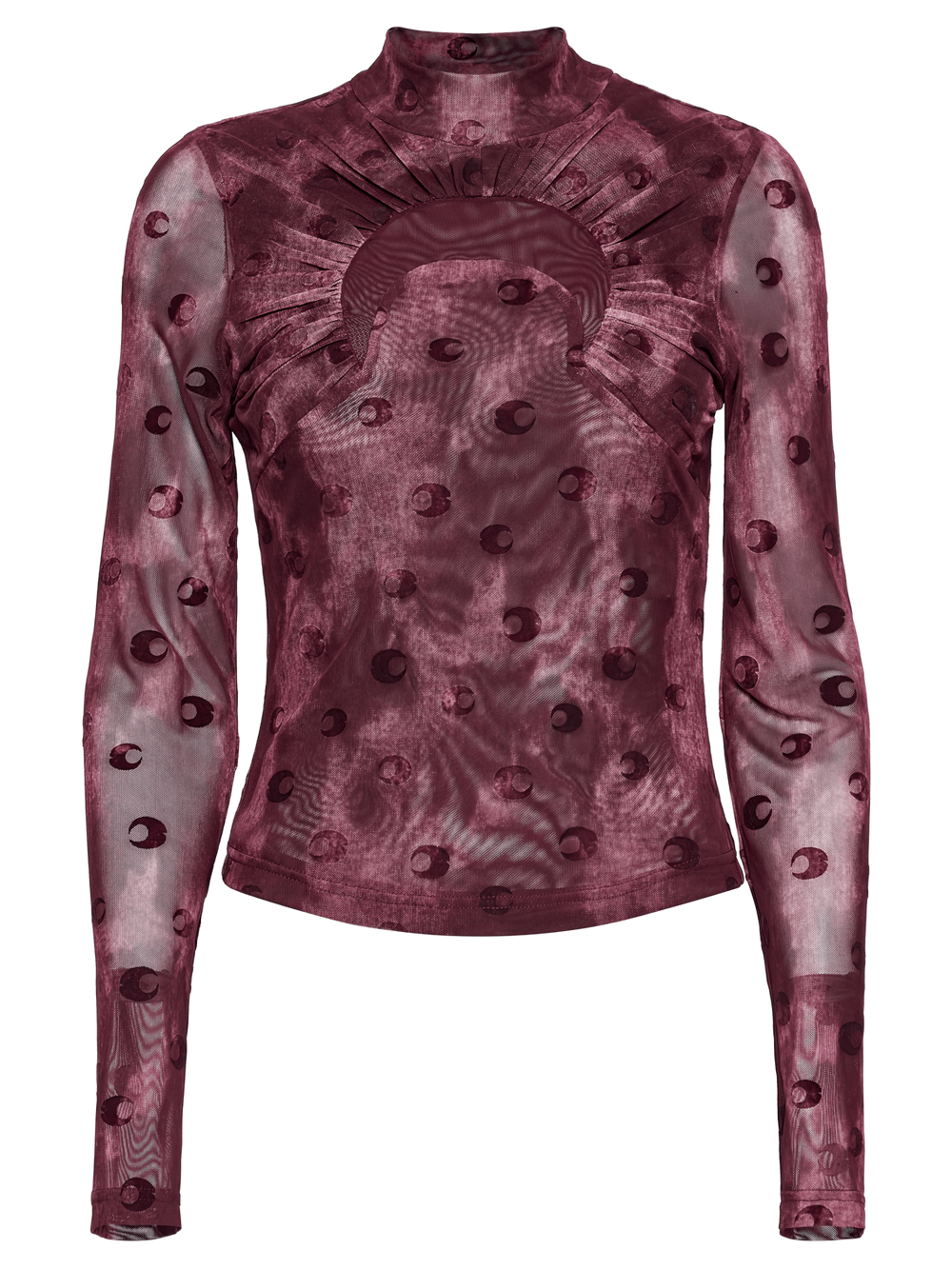 Burgundy Mesh Long Sleeve Top with Crescent Print Design